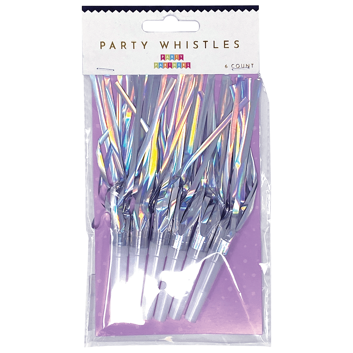 Iridescent Party Whistle with scalloped striped design from Party Partners, featuring a colorful, shiny finish and playful shape.